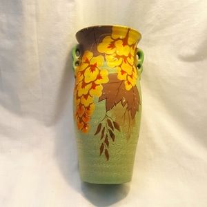 Vtg Rouen England hand painted pottery green vase.